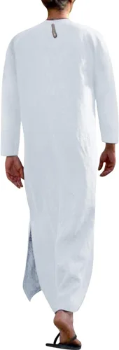 Vista 2 de Jacansi - Bata de cuello en V para hombre, manga corta, división lateral, caftán de algodón, thobe largo, tallas S-3XL Blanco (White #1)