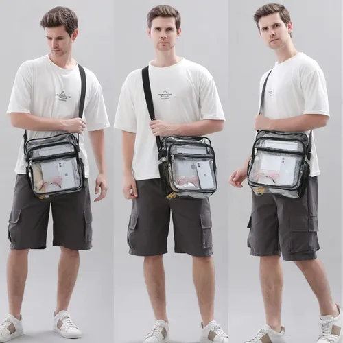 Vista 2 de Bolsa transparente aprobada para estadios, bolsa bandolera mensajero de hombro transparente con correa ajustable para conciertos, eventos deportivos