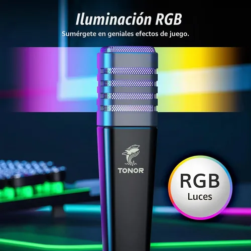 Vista 3 de TONOR Micrófono USB RGB, micrófono de condensador cardioide para computadora PC con soporte para trípode, filtro pop, soporte antivibración