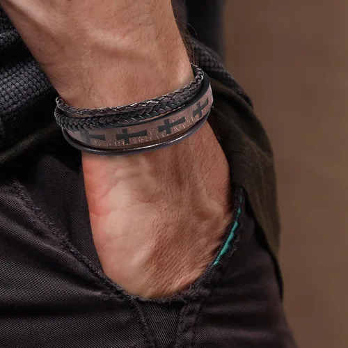 Vista 4 de Hamoery Men Leather Bracelet Punk Braided Rope Alloy Bracelet Bangle Wristband