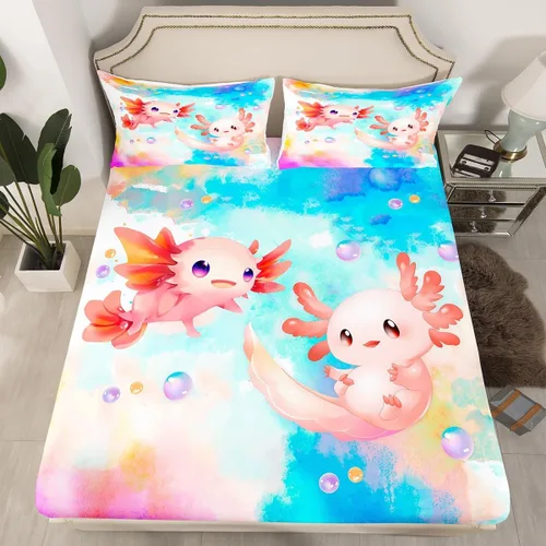 Vista 3 de Castle Fairy Bonito juego de sábanas de Axolotl, juego de sábanas de teñido anudado colorido, juego de ropa de cama de animales Kawaii para niños