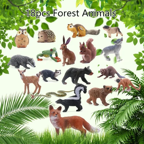 Vista 2 de SIENON 18 piezas de figuras de animales del bosque, miniaturas de animales del bosque para bebés con búho, erizo, zorro, ardilla, oso, mono, ciervo