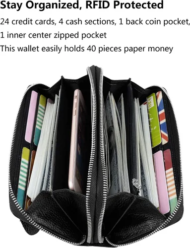 Vista 4 de YALUXE Cartera de cuero para mujer con bloqueo RFID, doble cremallera, tamaño grande, para smartphone