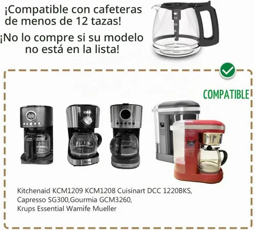 Vista 2 de Cafetera de vidrio para cafetera, cafetera de 12 tazas, compatible con KitchenAid KCM1209 KCM1208, Cuisinart DCC 1220BKS, Capresso SG300, Gourmia