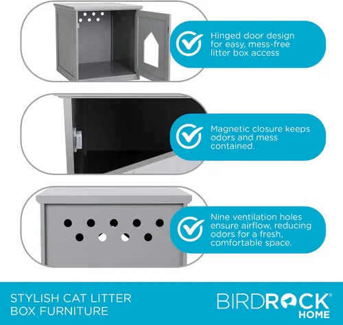 Vista 6 de BIRDROCK HOME Casa decorativa para gatos y mesa auxiliar Mesita de noche gris Caja de interior para mascotas Recinto para caja de arena Caja