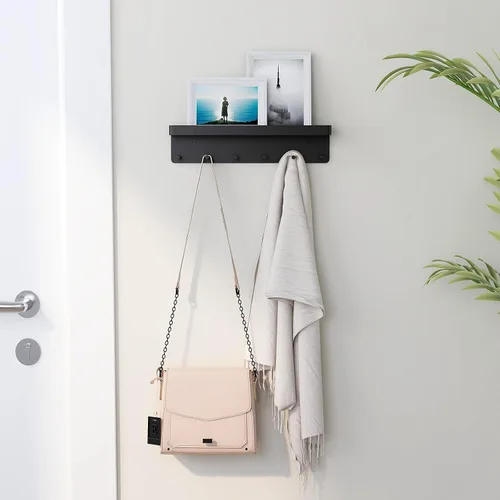 Vista 2 de Soporte para llaves de pared, organizador de correo montado en la pared con estante pequeño y 6 ganchos, estante para llaves para el hogar, entrada