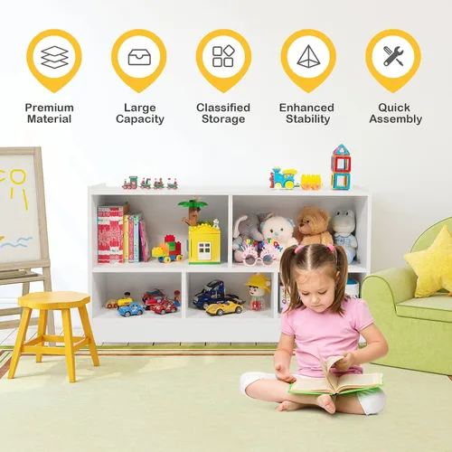 Vista 32 de MEDIMALL Organizador de almacenamiento de juguetes para niños de 5 cubos, estante de almacenamiento de madera de 2 niveles para libros y juguetes