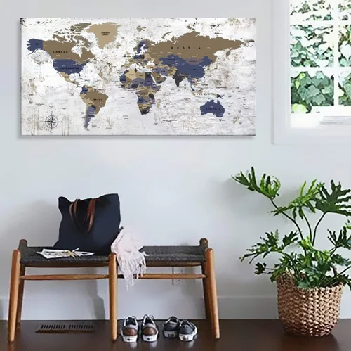 Vista 3 de ZEYDRT Arte de pared del mapa del mundo, pintura en lienzo para oficina, sala de estar, mapa del mundo, arte en lienzo, decoración de pared