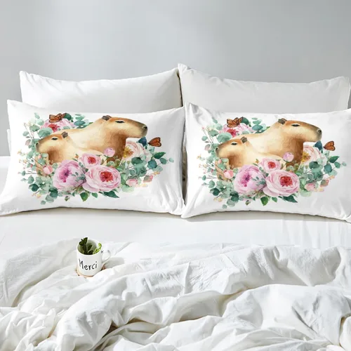 Vista 7 de Capybara - Sábana bajera ajustable tamaño individual, sábanas florales kawaii, diseño de animales rosados, dibujos animados, vida silvestre, roedor