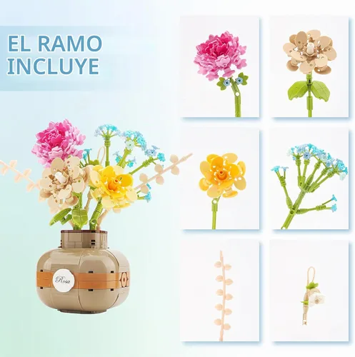 Vista 2 de Juego de bloques de construcción de rosas con florero, ladrillos Kit de modelo, adorno de bonsái en maceta para decoración del hogar, regalo