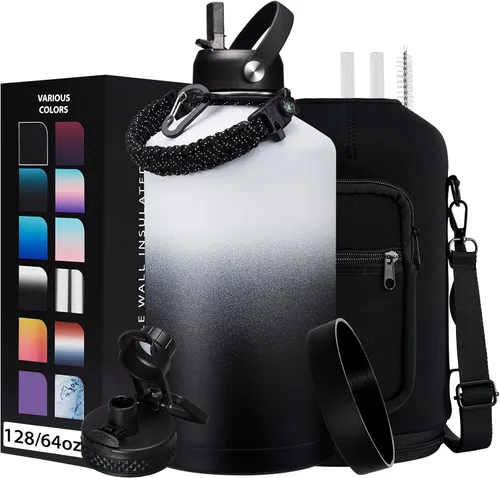 Vista 61 de Botella de agua aislada de 1 galón, con popote y tapa de pico automático, mango de paracord, funda para botella, botella de agua de acero inoxidable