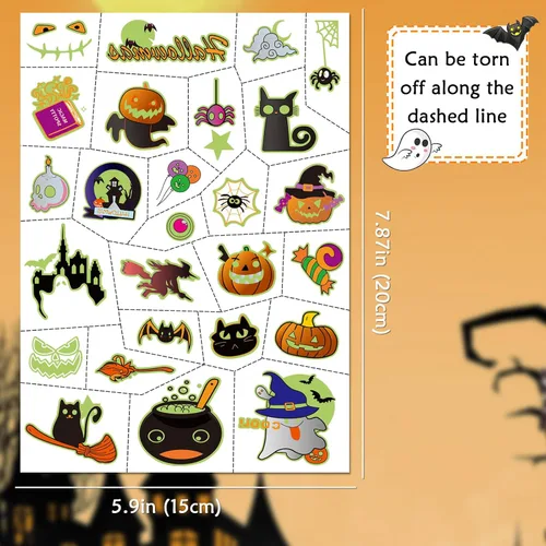 Vista 3 de 124 tatuajes temporales de Halloween que brillan en la oscuridad para niños, calcomanías de tatuaje falsas luminosas impermeables para fiesta