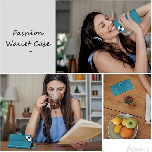 Vista 7 de Funda tipo cartera para iPhone 15, [bloqueo RFID] 3 tarjeteros con ranura para tarjeta de crédito, funda protectora magnética de cuero para iPhone