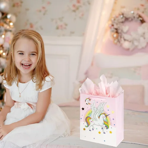 Vista 4 de Laidans Bolsa de regalo de unicornios grandes de 13 pulgadas para niñas y niños, baby shower con papel de seda, paquete de 1