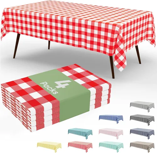 Vista 67 de Smiry Paquete de 3 Manteles Desechables de Cuadros Gingham Color Caqui - 54" x 72" Mantel de Plástico de Servicio Pesado, Cubiertas de Mesa