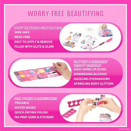 Vista 4 de Set de cosméticos Barbie para niñas, incluye maquillaje de uñas, labios, ojos y mejillas, juego de belleza seguro y no tóxico de Townley Girl