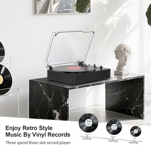 Vista 8 de Tocadiscos de vinilo Bluetooth con altavoces estéreo incorporados, transmisión por correa, tocadiscos de 3 velocidades para discos de vinilo