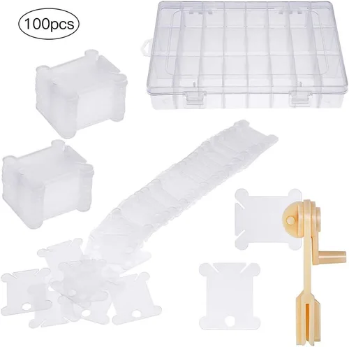 Vista 2 de Caja organizadora de hilo de bordar, herramientas con 100 bobinas de hilo de plástico, 1 bobinadora de bobina, 1 extraíble de 24 compartimentos