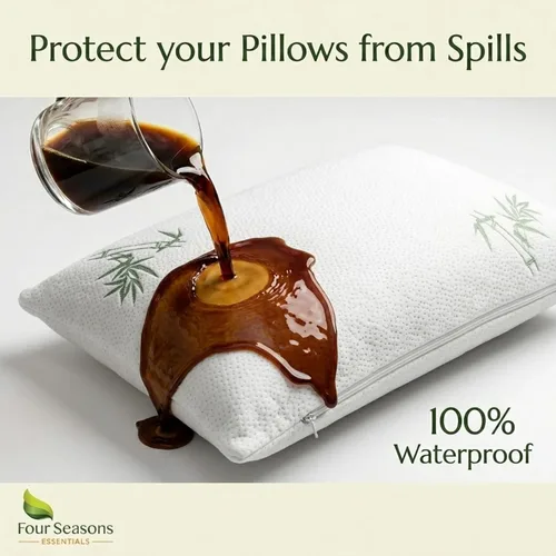 Vista 4 de Four Seasons Essentials Protectores de almohada impermeables de tamaño estándar (juego de 2) – Viscosa natural derivada de bambú – Fundas