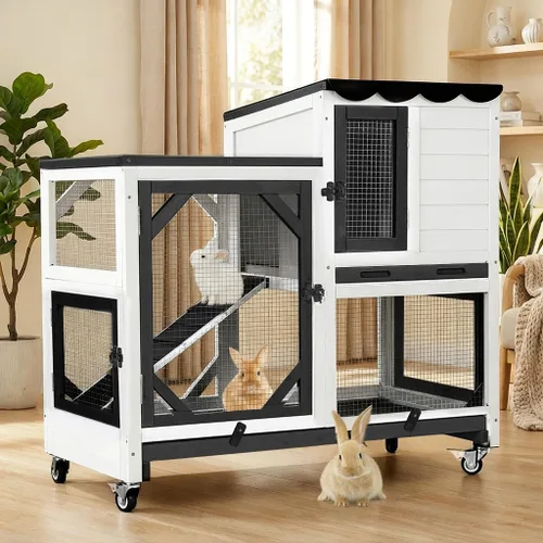 Vista 9 de Aivituvin Rabbit Hutch - Jaula de conejito para interiores y exteriores, 2 pisos, casa de mascotas, jaula de conejillo de indias con ruedas, 36