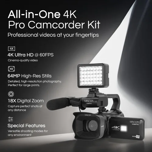 Vista 2 de Minolta Cámara de video de enfoque automático de 64 MP con micrófono y luz de video, pantalla táctil de 4 pulgadas, video 4K Ultra HD, zoom digital