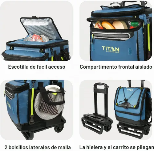 Vista 4 de Titan by Arctic Zone Collapsible Wheeled Soft Sided Cooler with Detachable Rolling AT Cart, Insulated Bag with Leak Proof Lining, for Travel, Beach