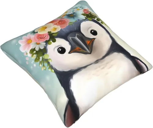 Vista 2 de Funda de cojín cuadrada suave con estampado de pingüinos con estampado de flores, para decoración del hogar, sala de estar, cama, sofá automóvil, 18