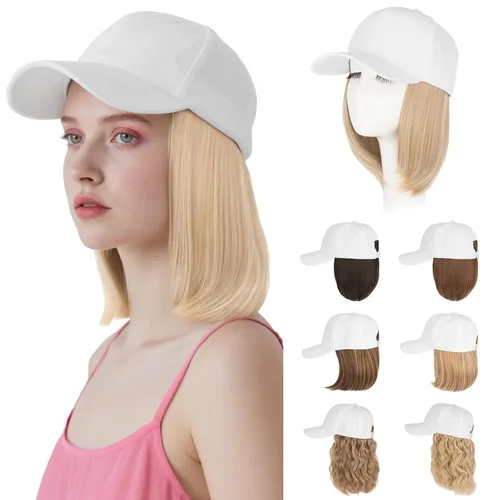 Vista 45 de Hairro Peluca de gorra de béisbol con cabello adjunto, corto estilo Bob ajustable, extensiones de cabello sintético para mujeres, balayage