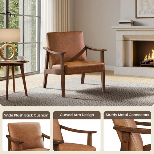 Vista 4 de Yaheetech Silla Accent Mid-Century con respaldo alto, color marrón (paquete de 2)