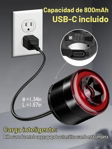 Vista 7 de Luz trasera de bicicleta de brillo variable, luz trasera de bicicleta con detección de freno, 800 mAh USB-C recargable, 4 modos de iluminación, IPX6