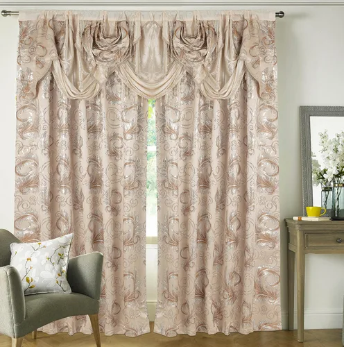 Vista 4 de GLORY RUGS Juego de cortinas de jacquard de lujo con cenefa adjunta y respaldo, para dormitorio, sala de estar, comedor, 2 cortinas beige, 55 x 84