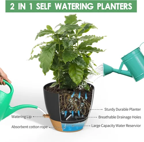 Vista 5 de ZMTECH Juego de 2 macetas de 10 pulgadas para plantas de interior, macetas de riego automático con agujeros de drenaje y platillo para plantas