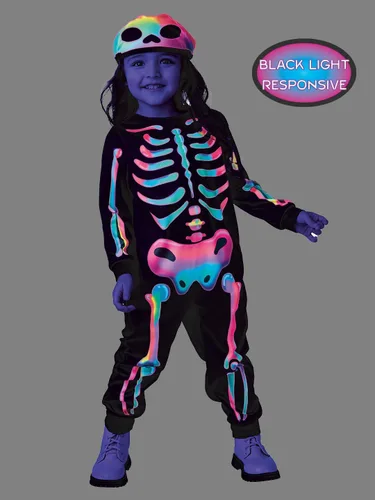 Vista 5 de Disfraz de esqueleto arcoíris para niños pequeños, reactivo a la luz negra