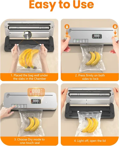 Vista 3 de Máquina selladora al vacío de alimentos, succión fuerte de 75 KPa, temporizador digital, cortador integrado, función de pulso, modos seco y húmedo