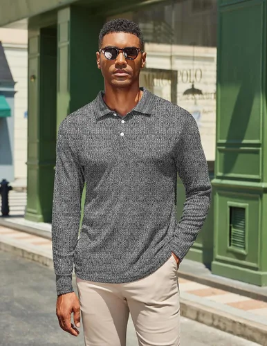 Vista 2 de COOFANDY Camisetas tipo polo casuales para hombre, de manga larga, con textura, de punto