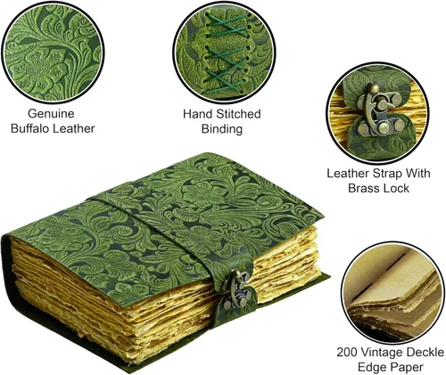 Vista 4 de Diario vintage con jardín hermoso en relieve en cuero - Diario antiguo hecho a mano con borde envejecido y papel encuadernado en cuero - Diario