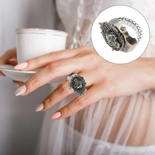 Vista 5 de ifundom Reloj de dedo para hombre, estilo punk, diseño de calavera, extensión, correa de acero inoxidable, tamaño ajustable