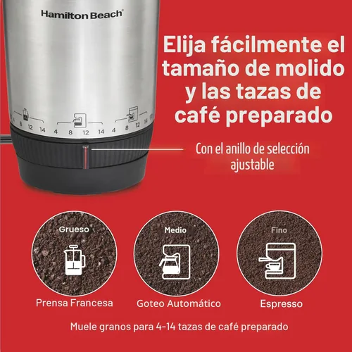 Vista 2 de Hamilton Beach Molinillo de café eléctrico Custom Grind para 4 a 14 tazas, operación de una pulsación sin usar las manos con apagado automático