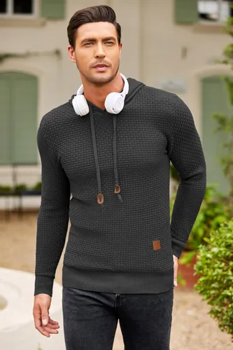 Vista 2 de COOFANDY Sudadera con capucha de punto para hombre, estilo hipster, casual, manga larga, suéter tipo polo ajustado