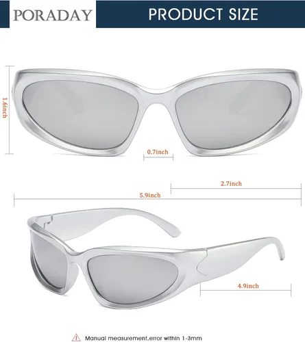 Vista 7 de PORADAY Wrap Around Fashion Sunglasses for Women Men Silver Oval Sports Sun Glasses Trendy Outdoor Eyewear Y2K Shades