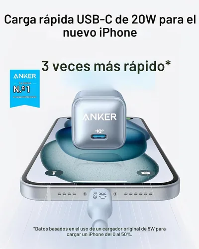 Vista 2 de Anker Bloque de cargador USB C, 20 W PIQ 3.0 de carga rápida compacta para iPhone 17/16/15 y más series, Galaxy, Pixel 4/3, iPad (cable no incluido)