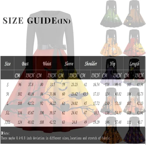 Vista 4 de Vestidos de Halloween para mujer, de manga larga, vestido de cóctel con vuelo, estampado de bruja de calabaza, disfraz de fiesta de cosplay, vestido