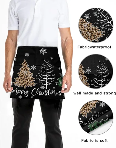 Vista 5 de PIEPLE Delantal de camarera de árbol de Navidad con 3 bolsillos, delantales de media cintura para camarero, delantales de chef para mujeres