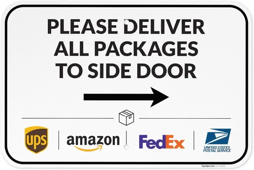 Vista 110 de Señal de entrega del paquete, instrucciones de entrega todo el paquete a la señal de la puerta trasera, 10 x 7 pulgadas, aluminio 040 libre