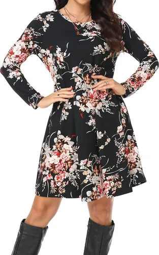 Vista 5 de Vestido casual para mujer, holgado, de manga larga, con volantes, cuello redondo, con bolsillos