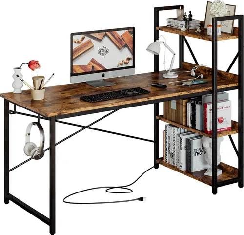 Vista 9 de Escritorio IRONCK para computadora de 47 pulgadas con toma de corriente y estantes de almacenamiento, mesa de estudio con estación de carga