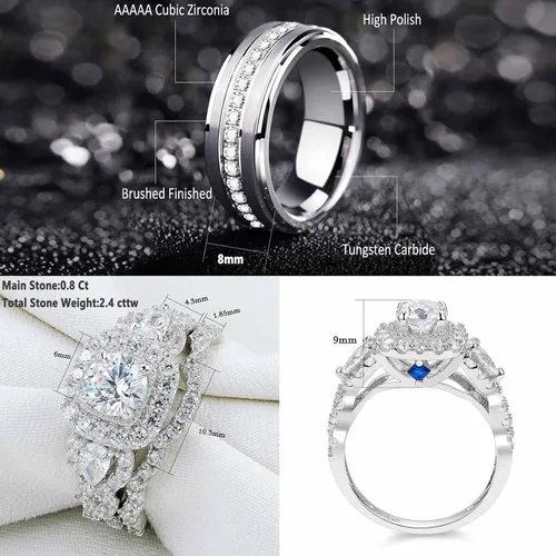 Vista 2 de Newshe Jewellery Juego de anillos de boda para él y ella, anillos de promesa de plata esterlina para parejas, mujeres, hombres, tallas 5-13
