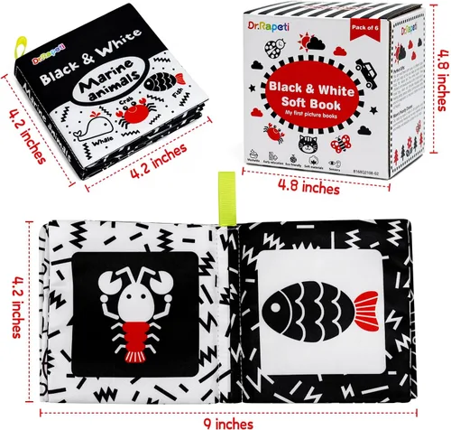 Vista 2 de Dr.Rapeti Libros de tela suave para bebés, libros de baño, paquete de 6 para bebés, niños pequeños, de alto contraste, blanco y negro, arrugado