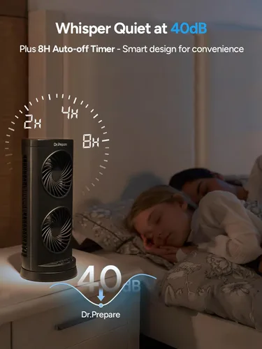 Vista 5 de Dr. Prepare Ventilador oscilante de torre, ventilador de escritorio portátil con opciones de 3 velocidades, circulación de aire dual, oscilación