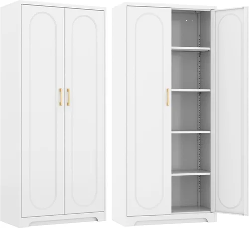 Vista 16 de SteeLoong - Armario de despensa de cocina, armario de almacenamiento de metal negro de 71" con puertas y 4 estantes ajustables, gabinete de cocina